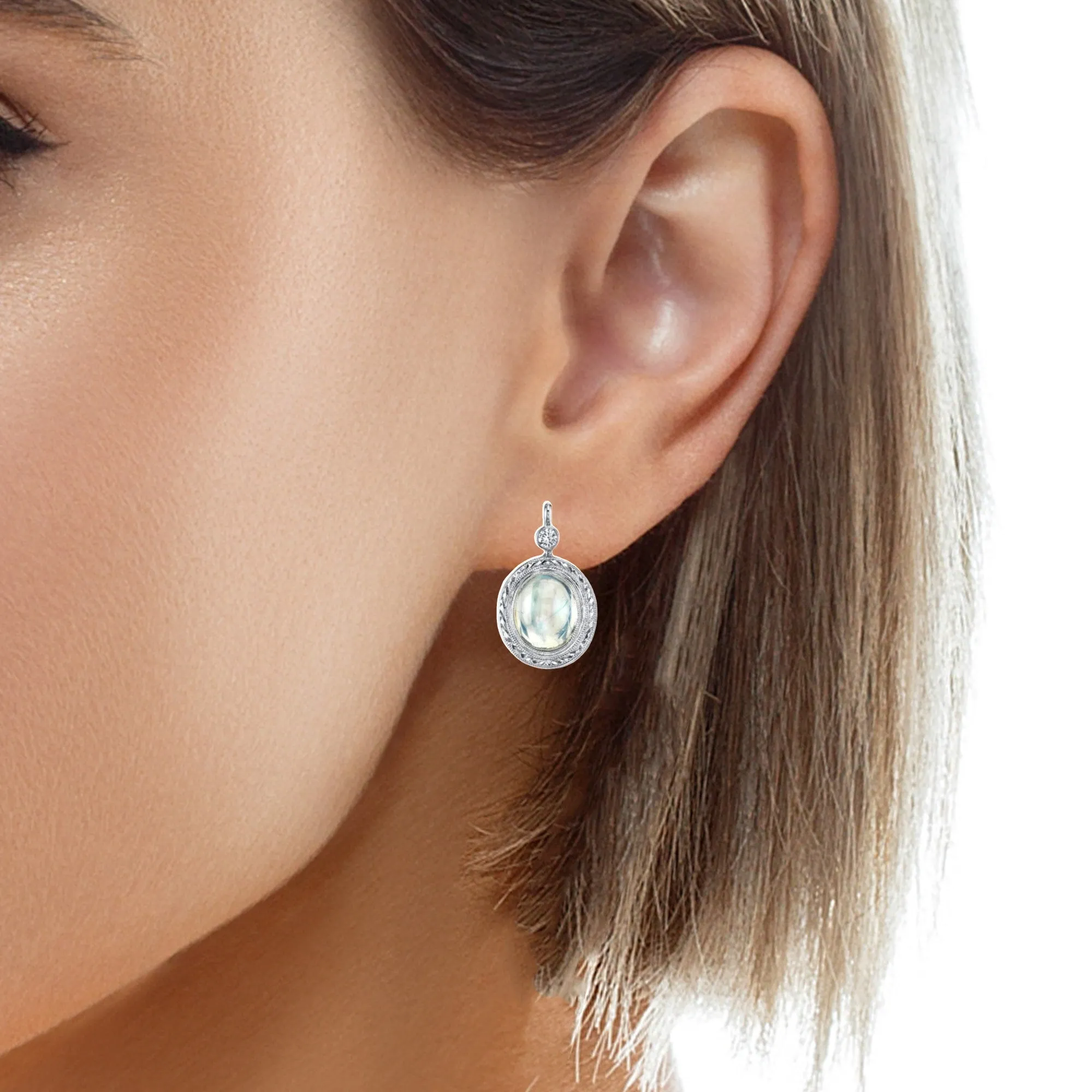 Bezel Set Blue Flash Moonstone Oval White Gold Lever Back Engraved Drop Earrings
