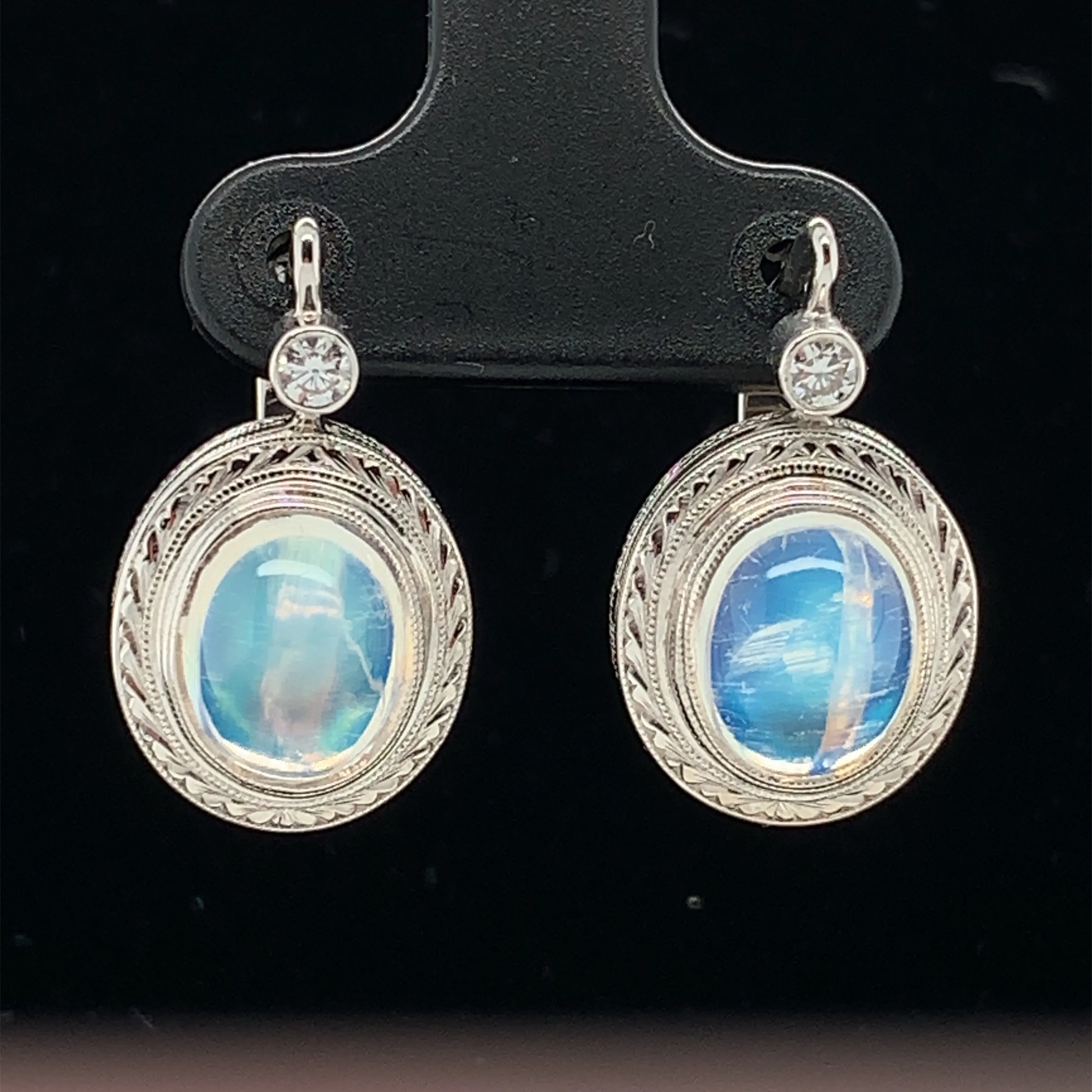 Bezel Set Blue Flash Moonstone Oval White Gold Lever Back Engraved Drop Earrings