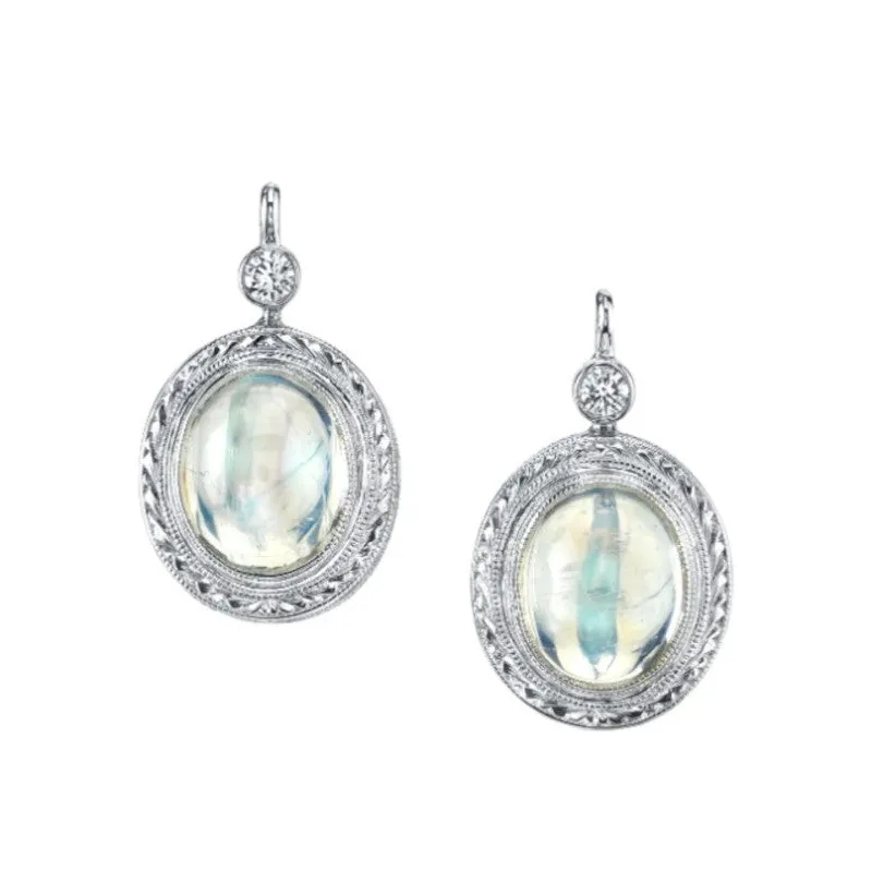 Bezel Set Blue Flash Moonstone Oval White Gold Lever Back Engraved Drop Earrings