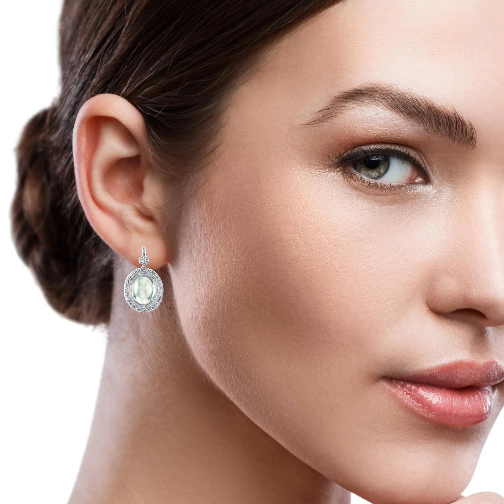 Bezel Set Blue Flash Moonstone Oval White Gold Lever Back Engraved Drop Earrings