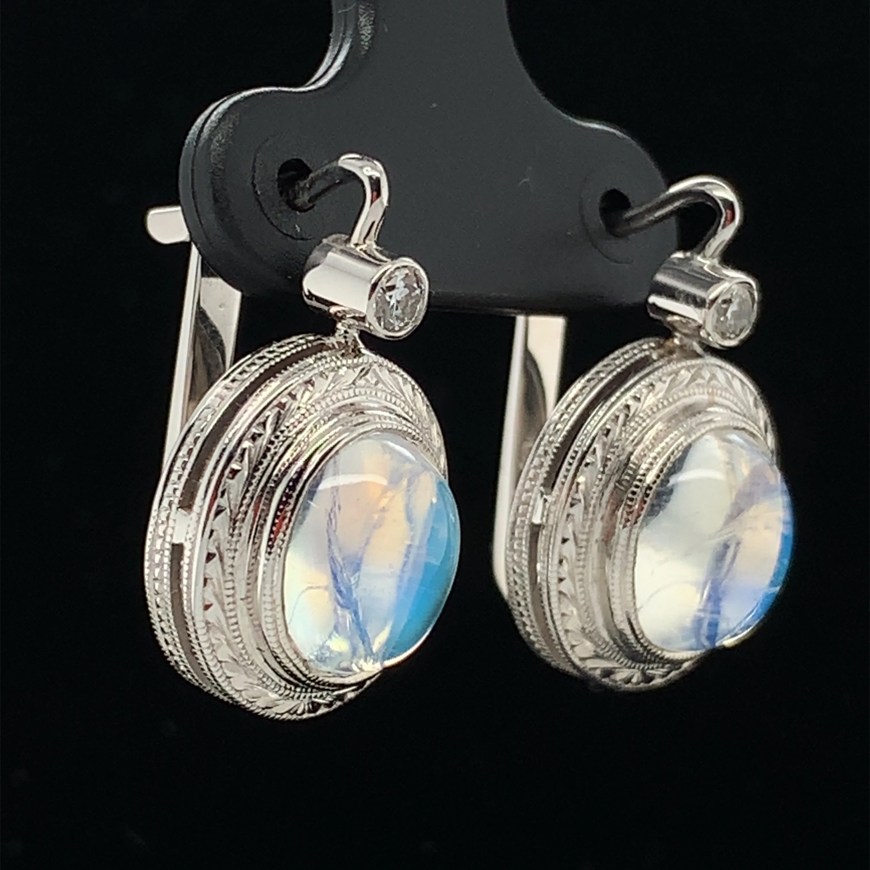 Bezel Set Blue Flash Moonstone Oval White Gold Lever Back Engraved Drop Earrings