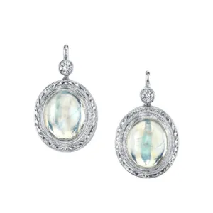 Bezel Set Blue Flash Moonstone Oval White Gold Lever Back Engraved Drop Earrings