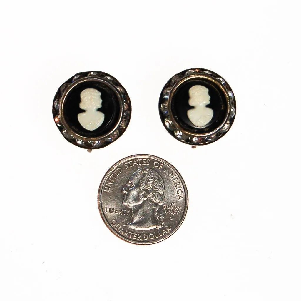 Black and White Cameo Earrings with Rhinestones