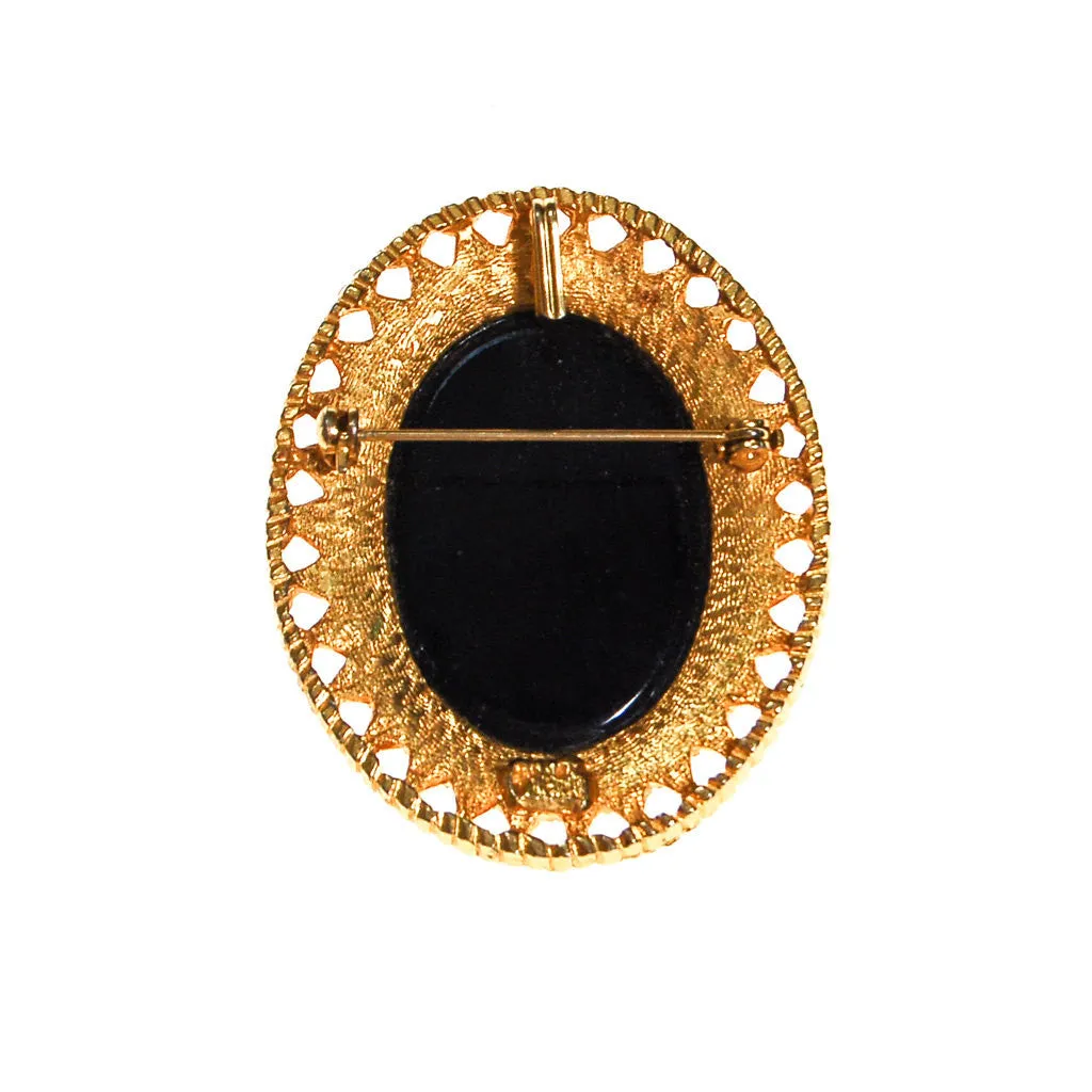 Black Glass Mirror Cameo Style Brooch Pendant by Celebrity NY