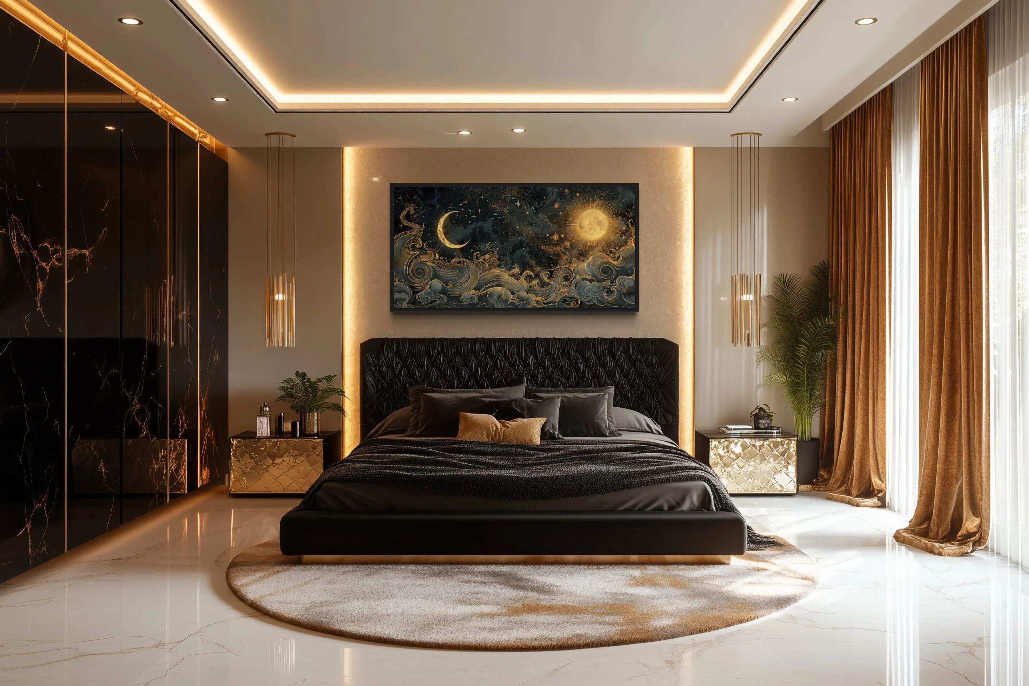 Black Gold Sun And Moon Celestial Framed Canvas Wall Art