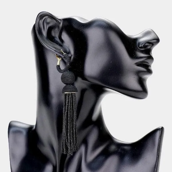 Black Seed Bead Long Tassel Earrings