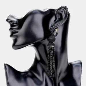 Black Seed Bead Long Tassel Earrings