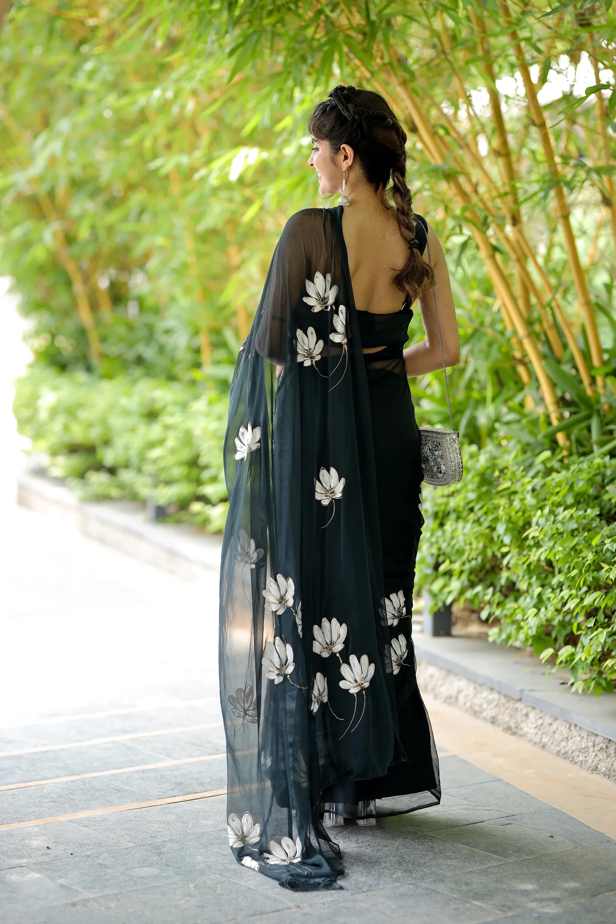 Blackish Grey Hand painted Chiffon Saree