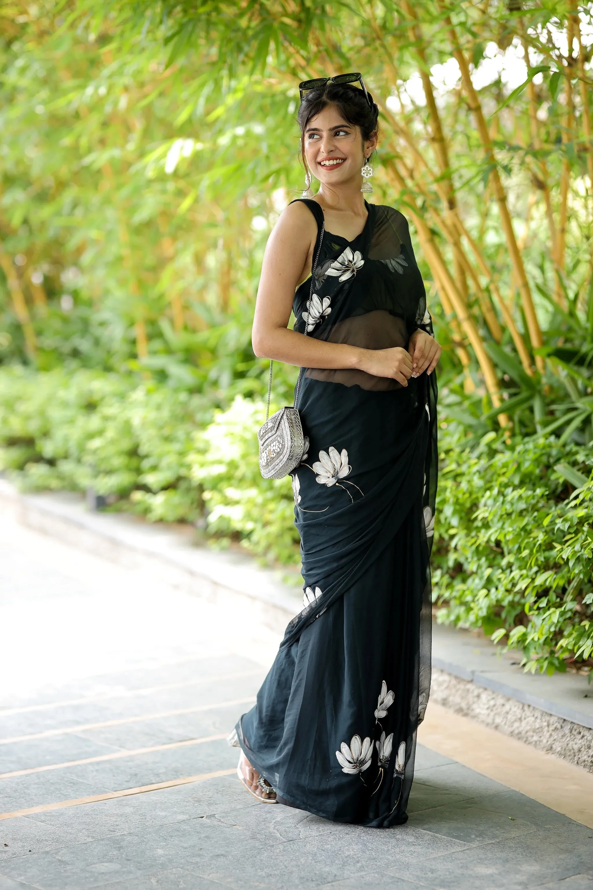 Blackish Grey Hand painted Chiffon Saree