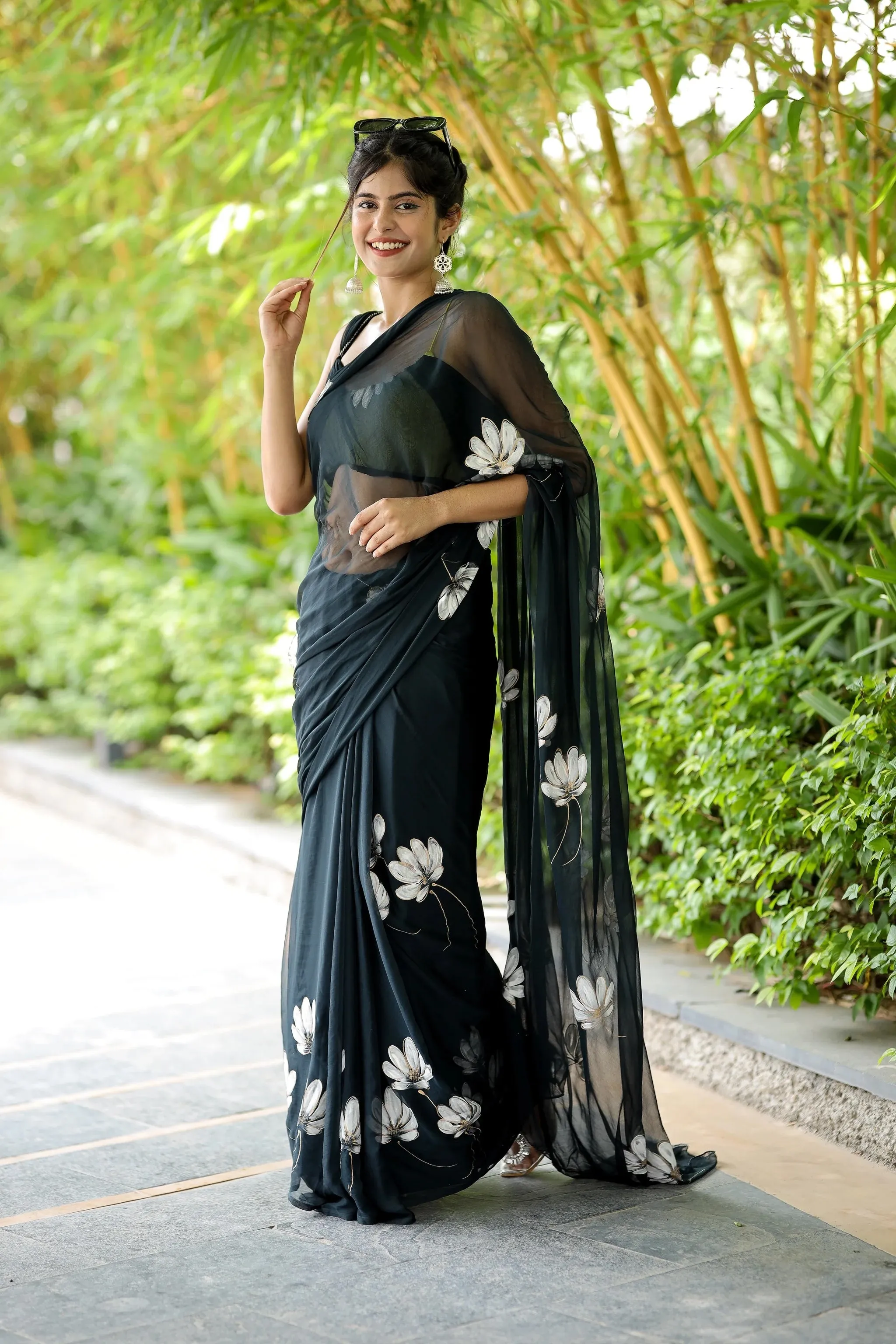 Blackish Grey Hand painted Chiffon Saree