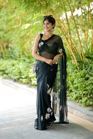 Blackish Grey Hand painted Chiffon Saree