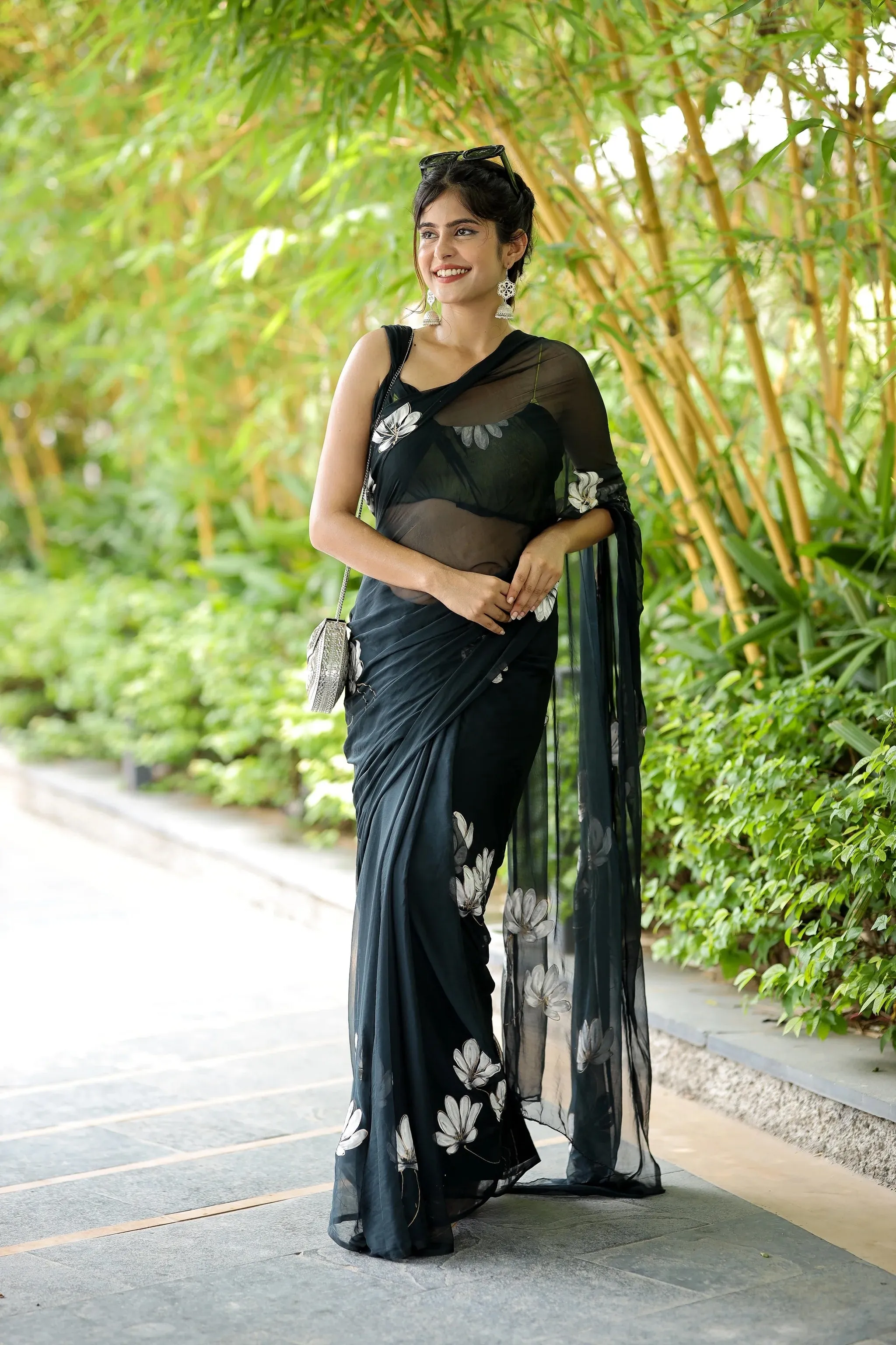 Blackish Grey Hand painted Chiffon Saree
