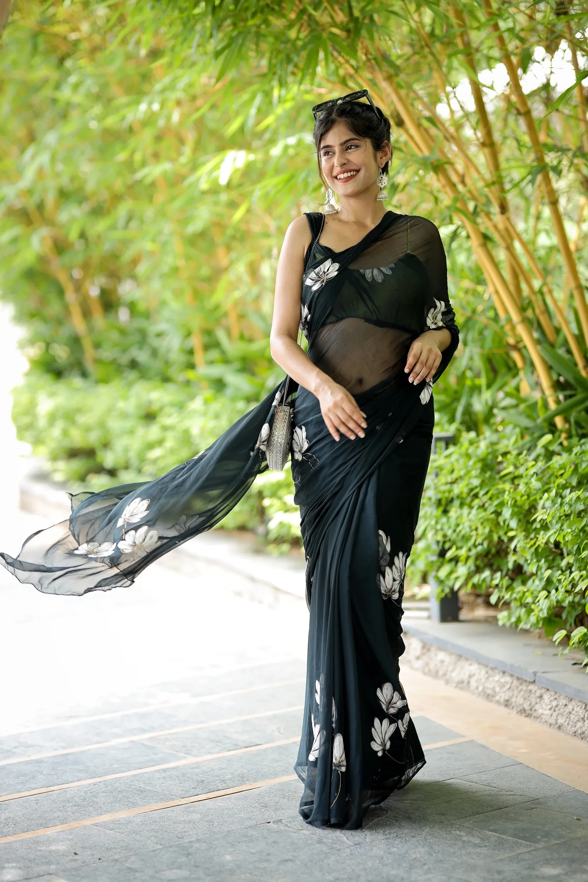 Blackish Grey Hand painted Chiffon Saree