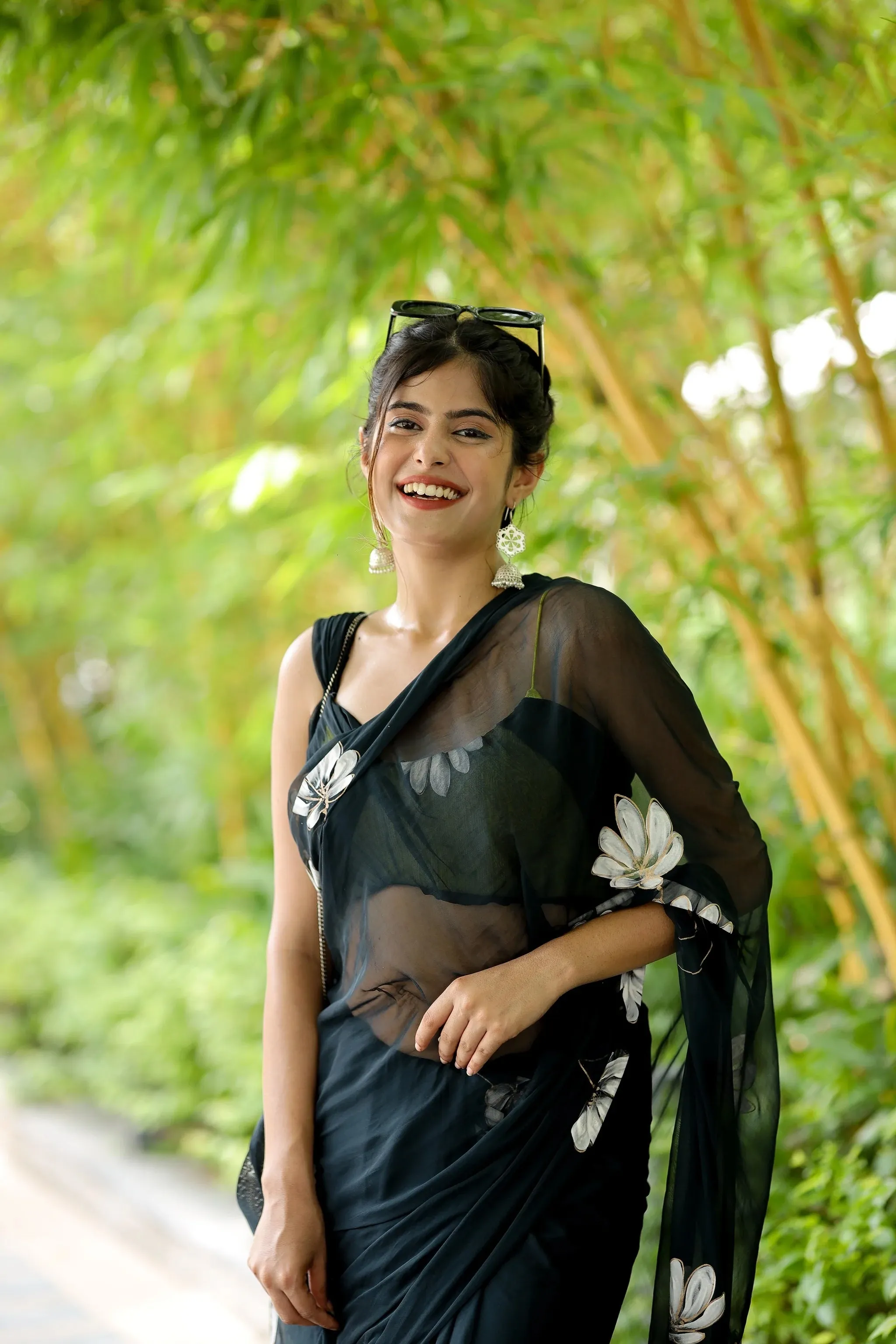 Blackish Grey Hand painted Chiffon Saree