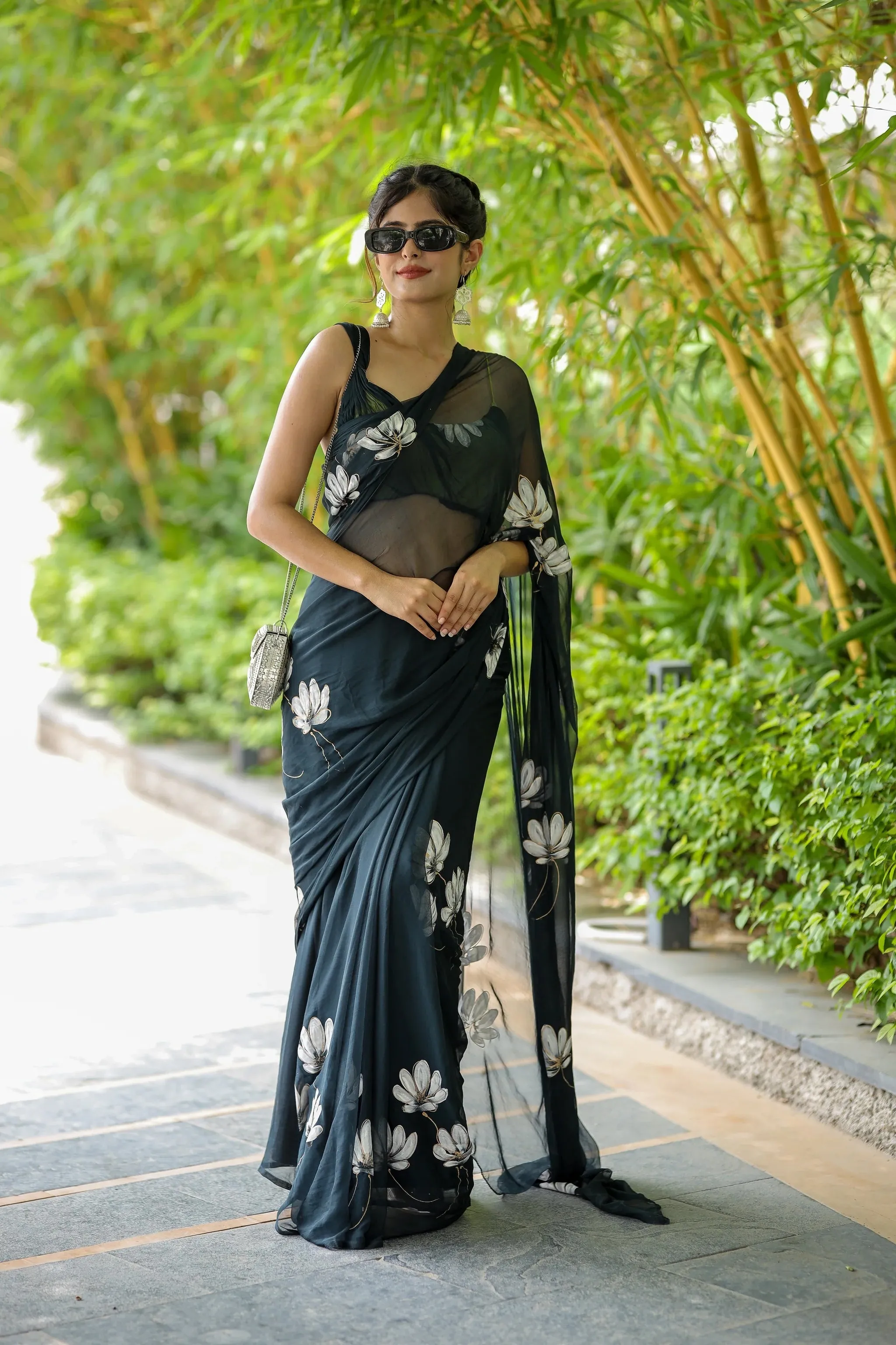 Blackish Grey Hand painted Chiffon Saree