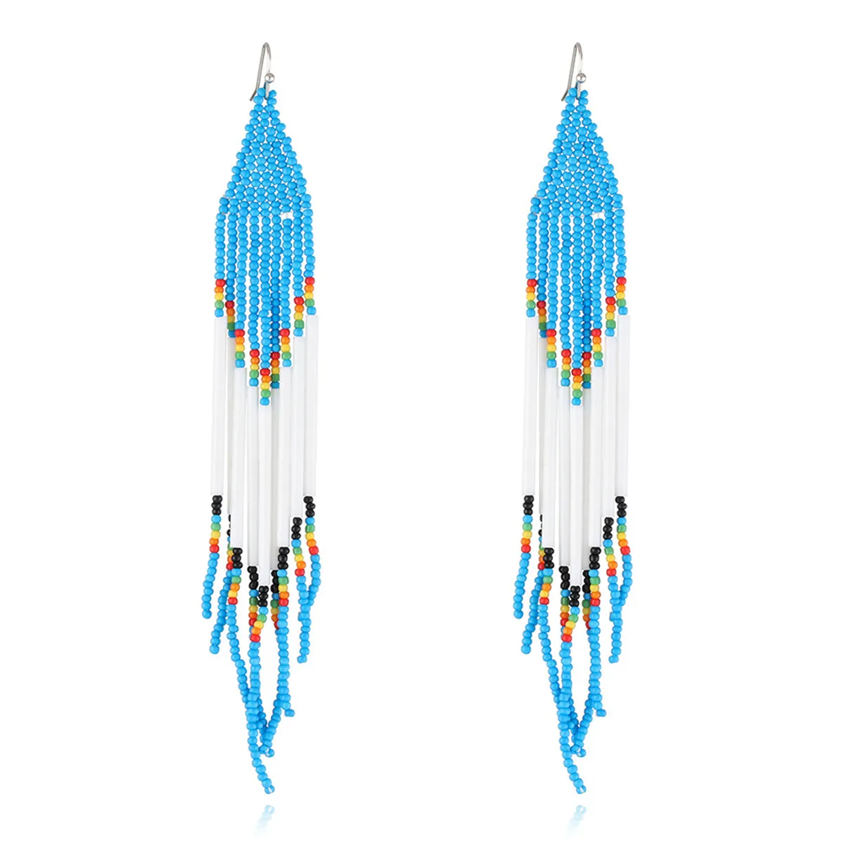 Blue & White Howlite Geometric Tassel Drop Earrings