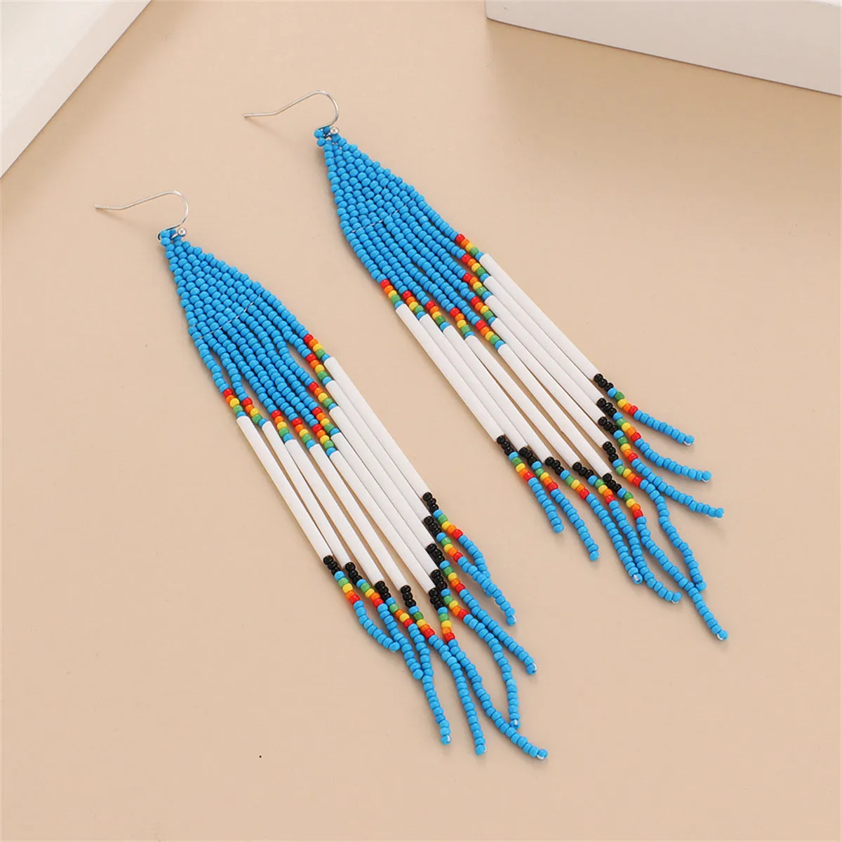 Blue & White Howlite Geometric Tassel Drop Earrings