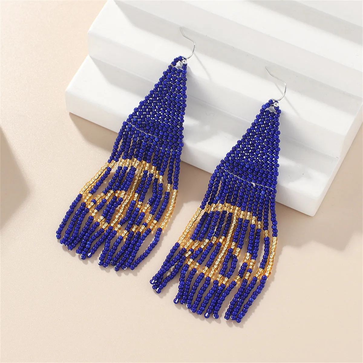 Blue & White Howlite Peace Sign Tassel Drop Earrings