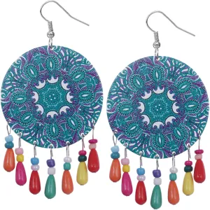 Blue Multicolor Wooden Bead Kaleidoscope Pattern Earrings