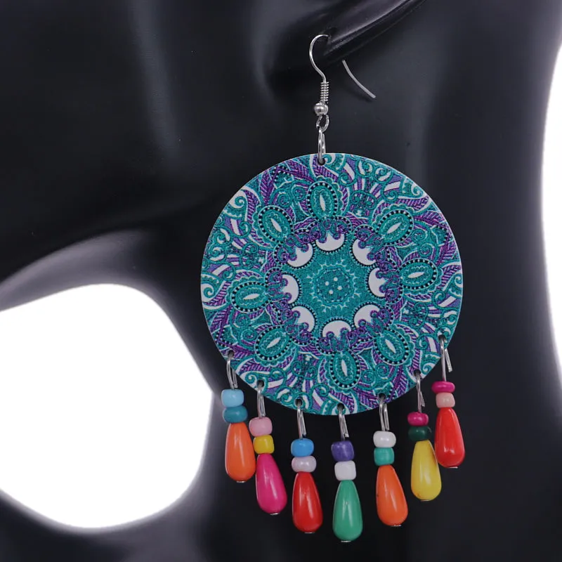 Blue Multicolor Wooden Bead Kaleidoscope Pattern Earrings