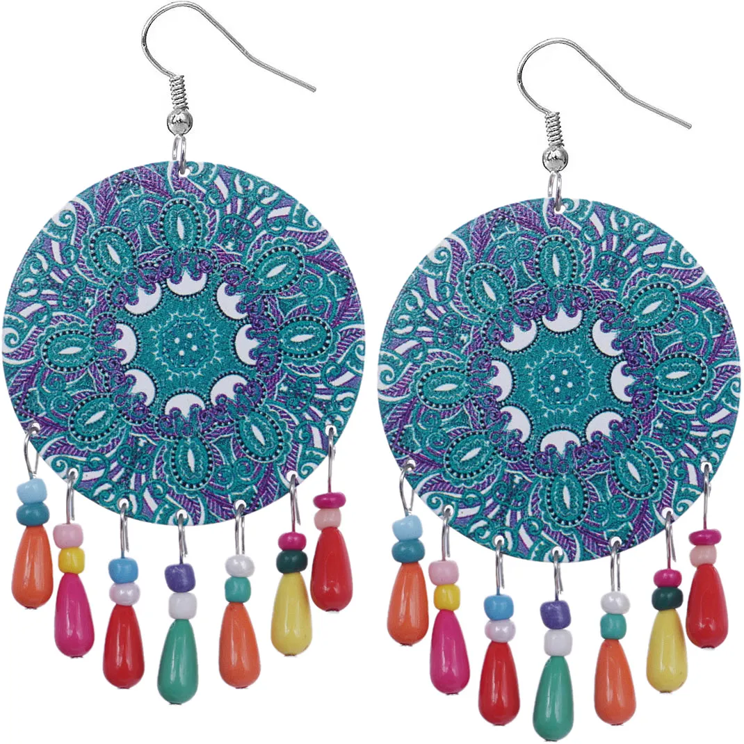 Blue Multicolor Wooden Bead Kaleidoscope Pattern Earrings