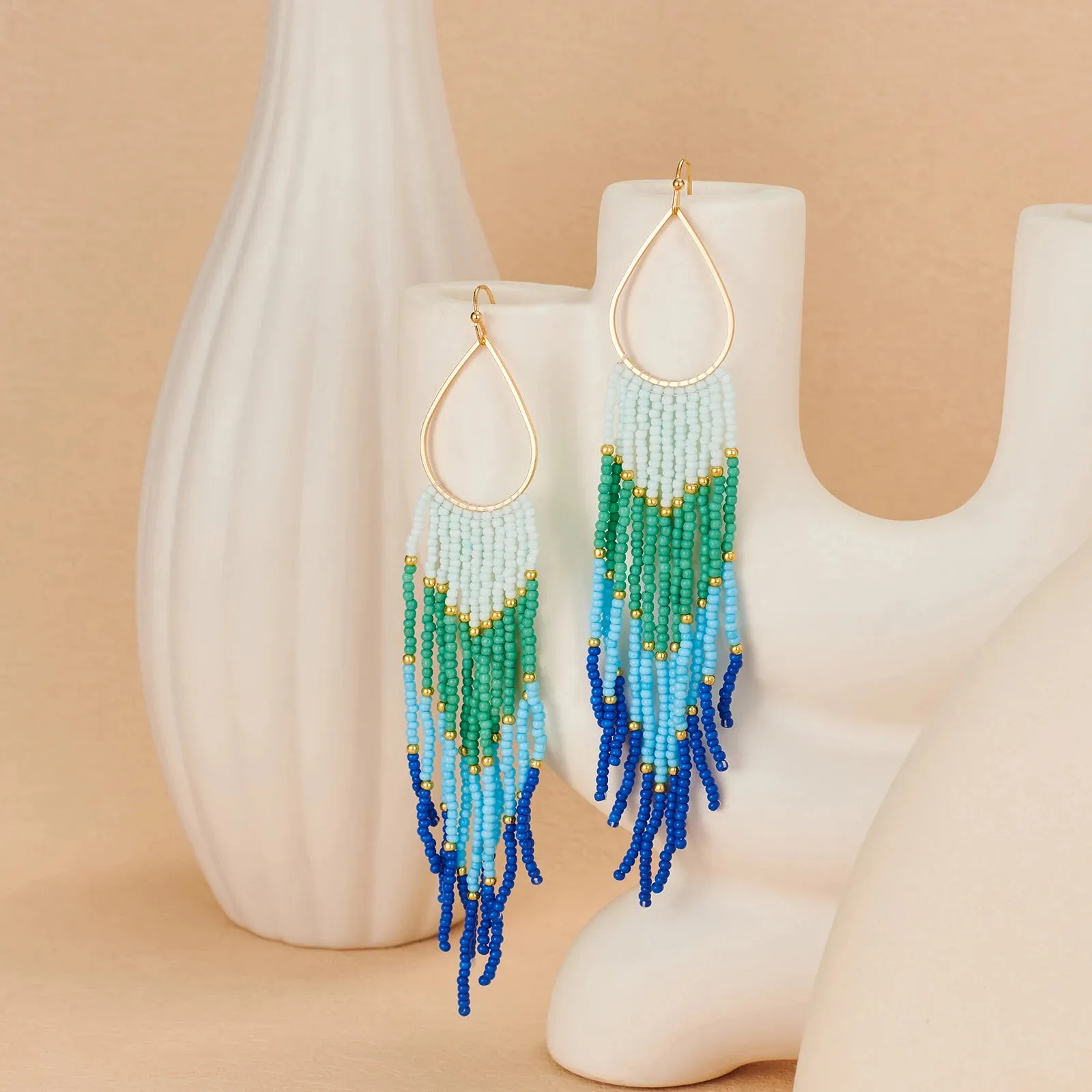 Bohemian Beaded Tassel Earrings | Color Gradient Drop Earrings | Handmade Seed Bead Jewelry