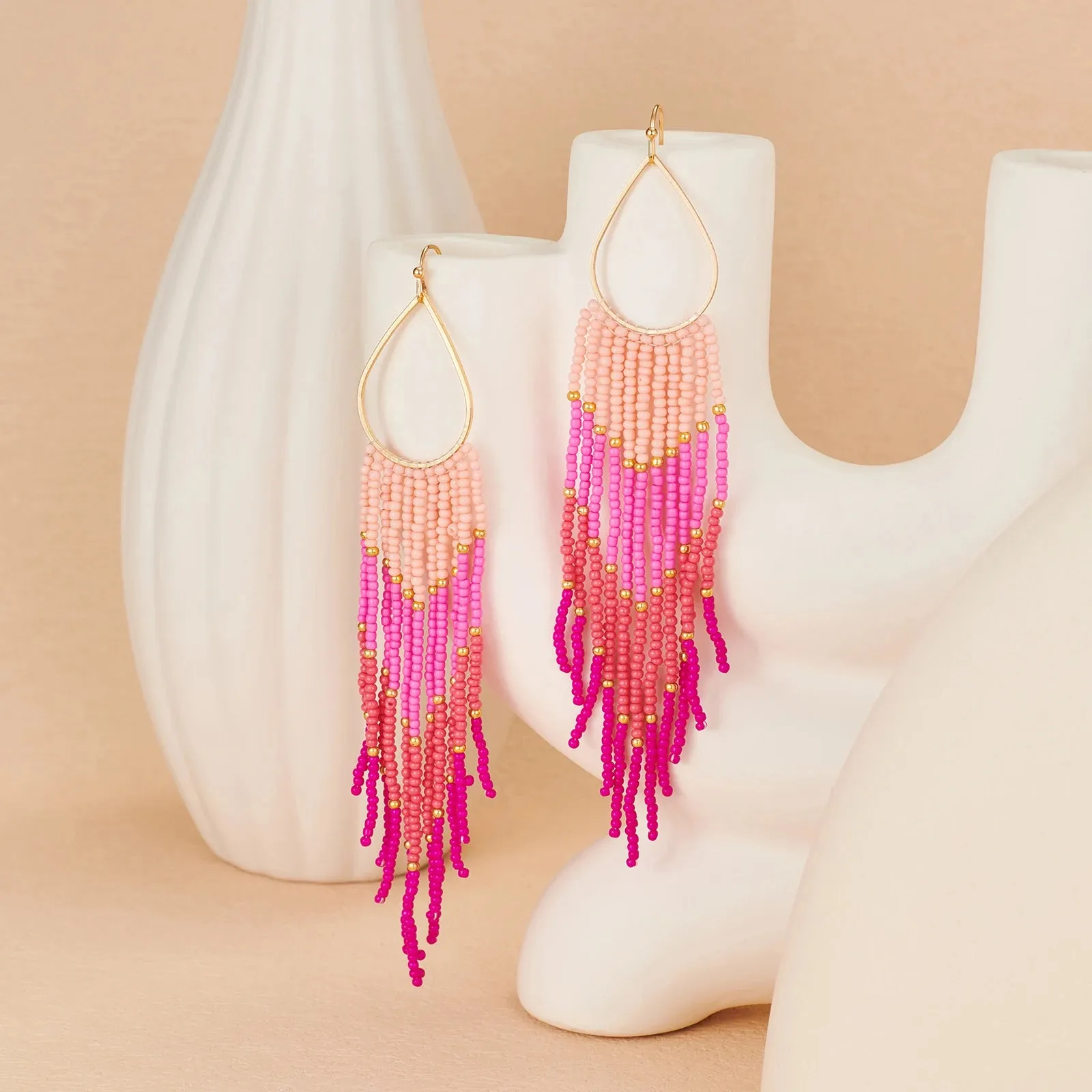 Bohemian Beaded Tassel Earrings | Color Gradient Drop Earrings | Handmade Seed Bead Jewelry