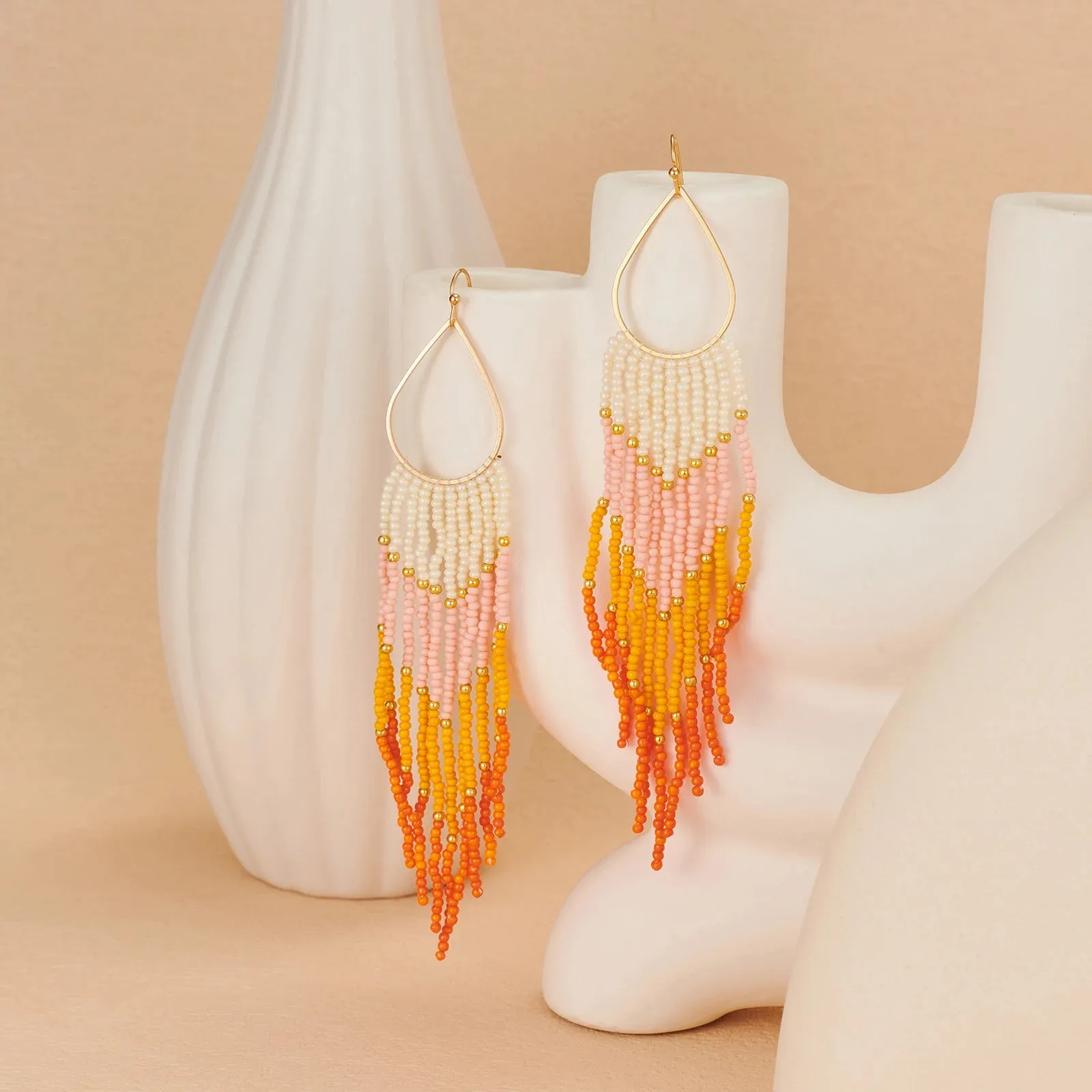 Bohemian Beaded Tassel Earrings | Color Gradient Drop Earrings | Handmade Seed Bead Jewelry