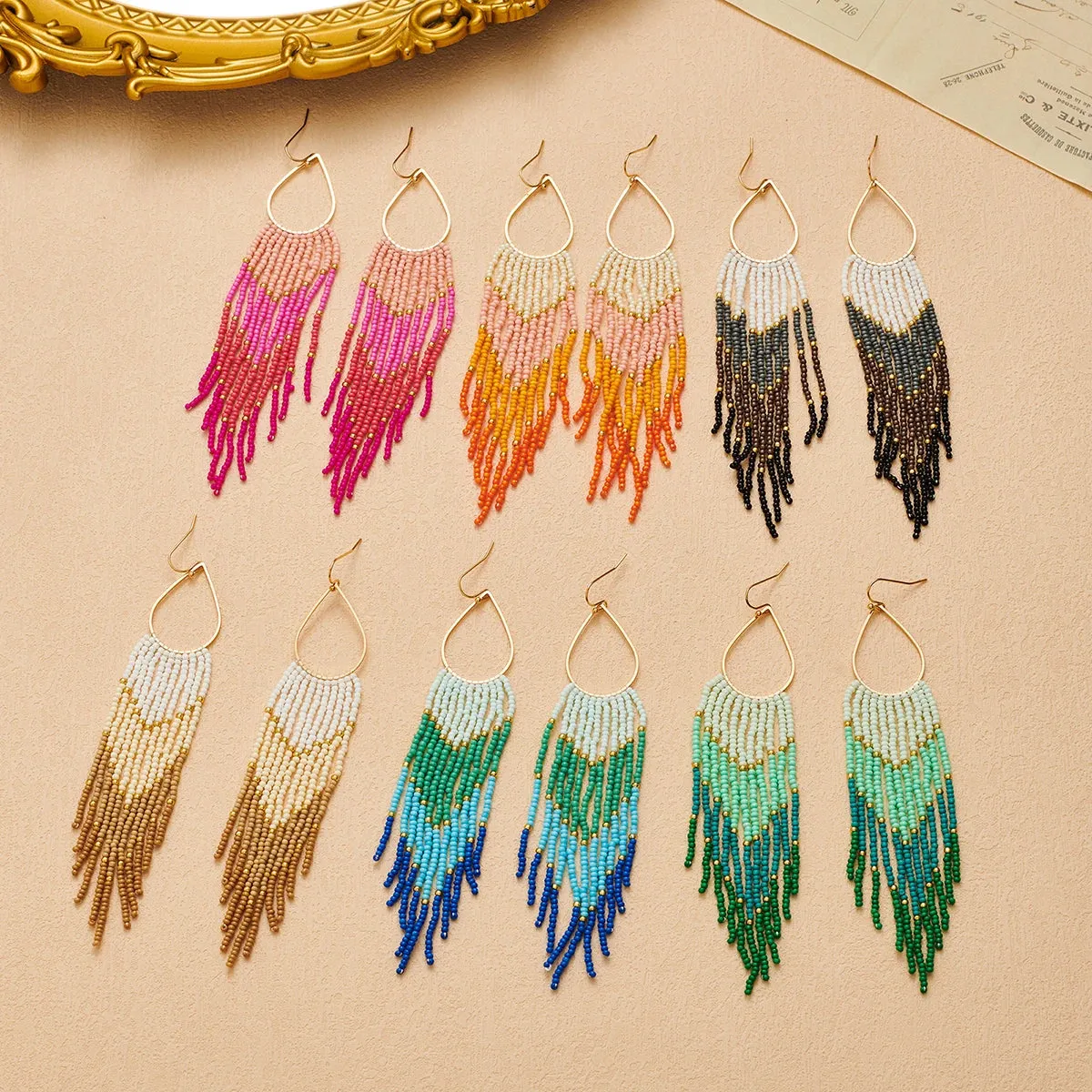 Bohemian Beaded Tassel Earrings | Color Gradient Drop Earrings | Handmade Seed Bead Jewelry