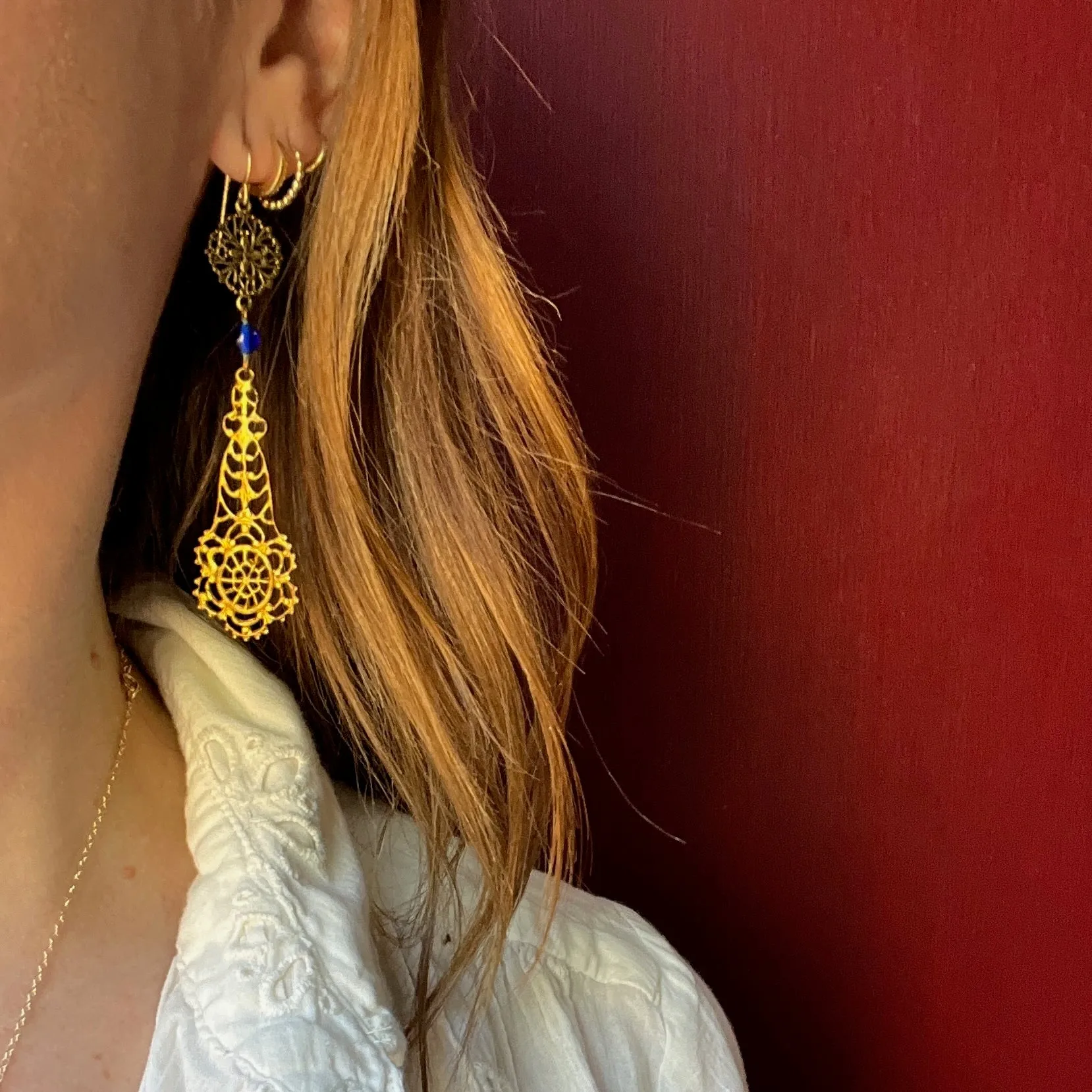 Bohemian Brass & Blue Bead Pendulum Earrings