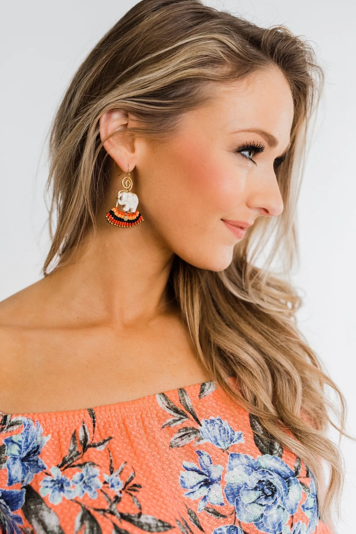 Bohemian Elephant & Tassel Earrings- Orange & Red