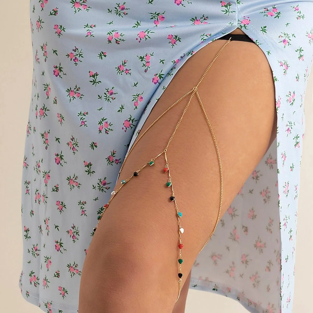 Bohemian Layered Colorful Enamel Heart Tassel Elastic Thigh Leg Chain