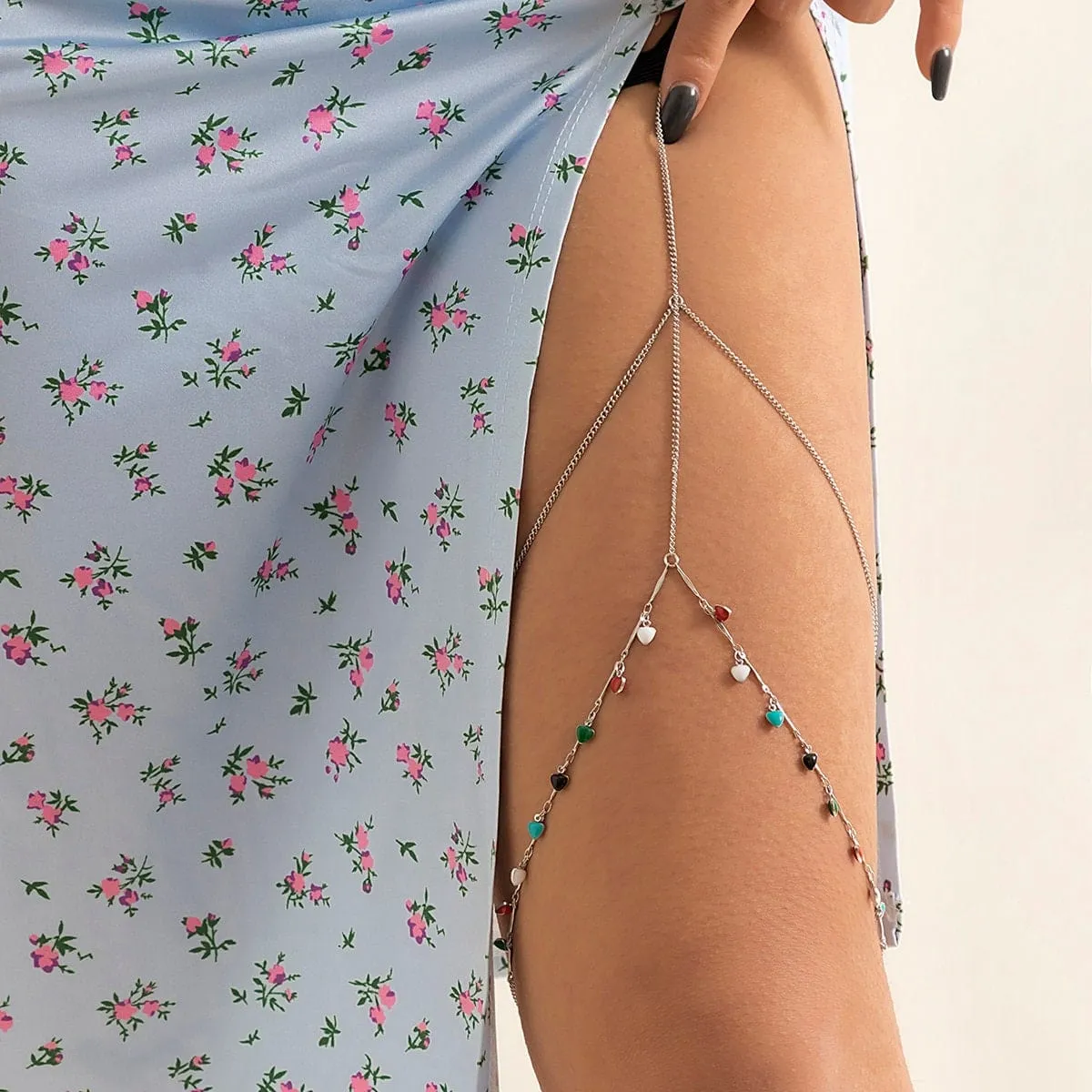 Bohemian Layered Colorful Enamel Heart Tassel Elastic Thigh Leg Chain