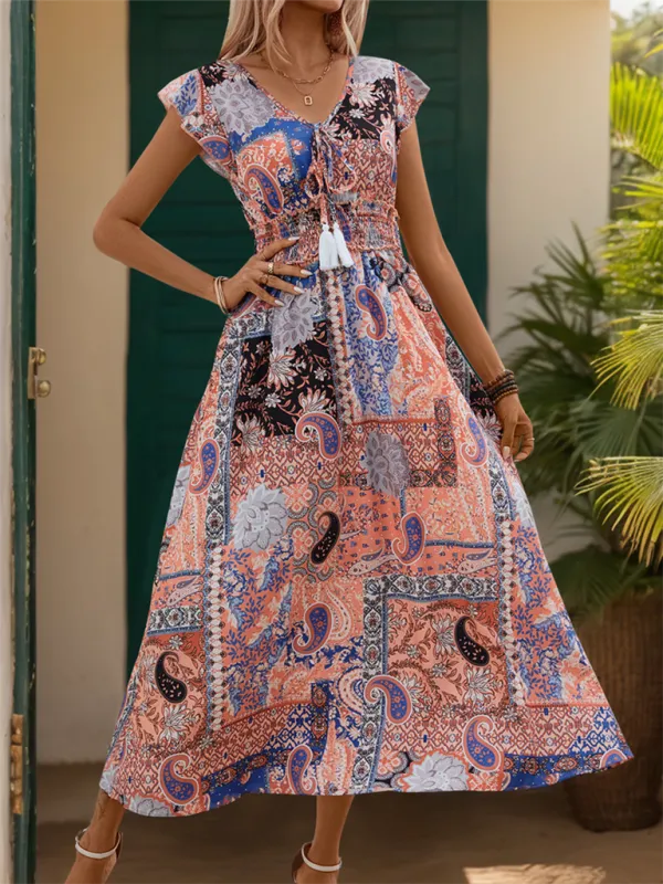 Bohemian Maxi Dress with Patchwork Print and Tassel Tie