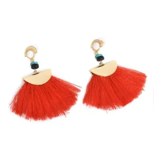 Bohemian Red Tassel Teal and Black Beads Boho Dangle Earrings