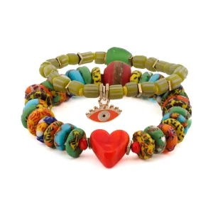Bohemian Style Red Heart & Evil Eye Happy Bracelet Set