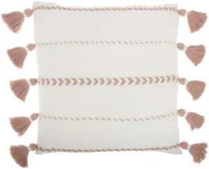 Bohemian White Cotton Accent Pillow with Blush Tassel Details