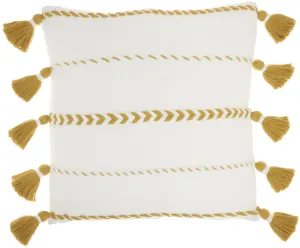 Bohemian White Cotton Accent Pillow with Mustard Tassel Details