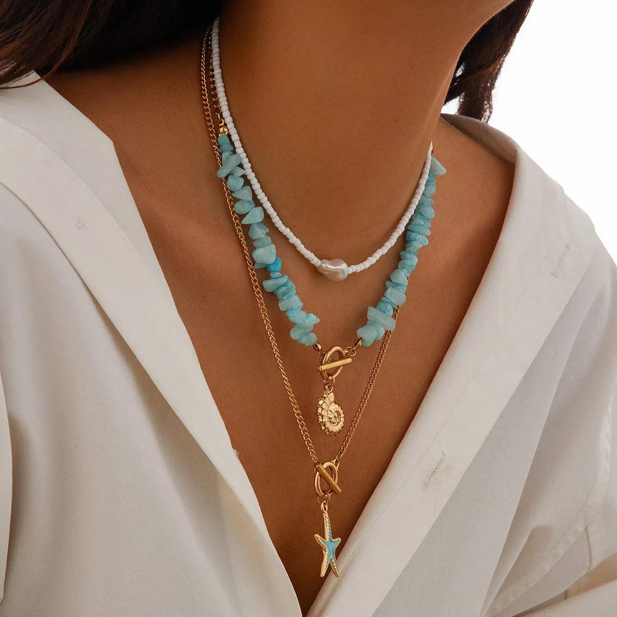 Boho 3Pcs Enamel Starfish Conch Pendant Turquoise Stone Chain Necklace Set