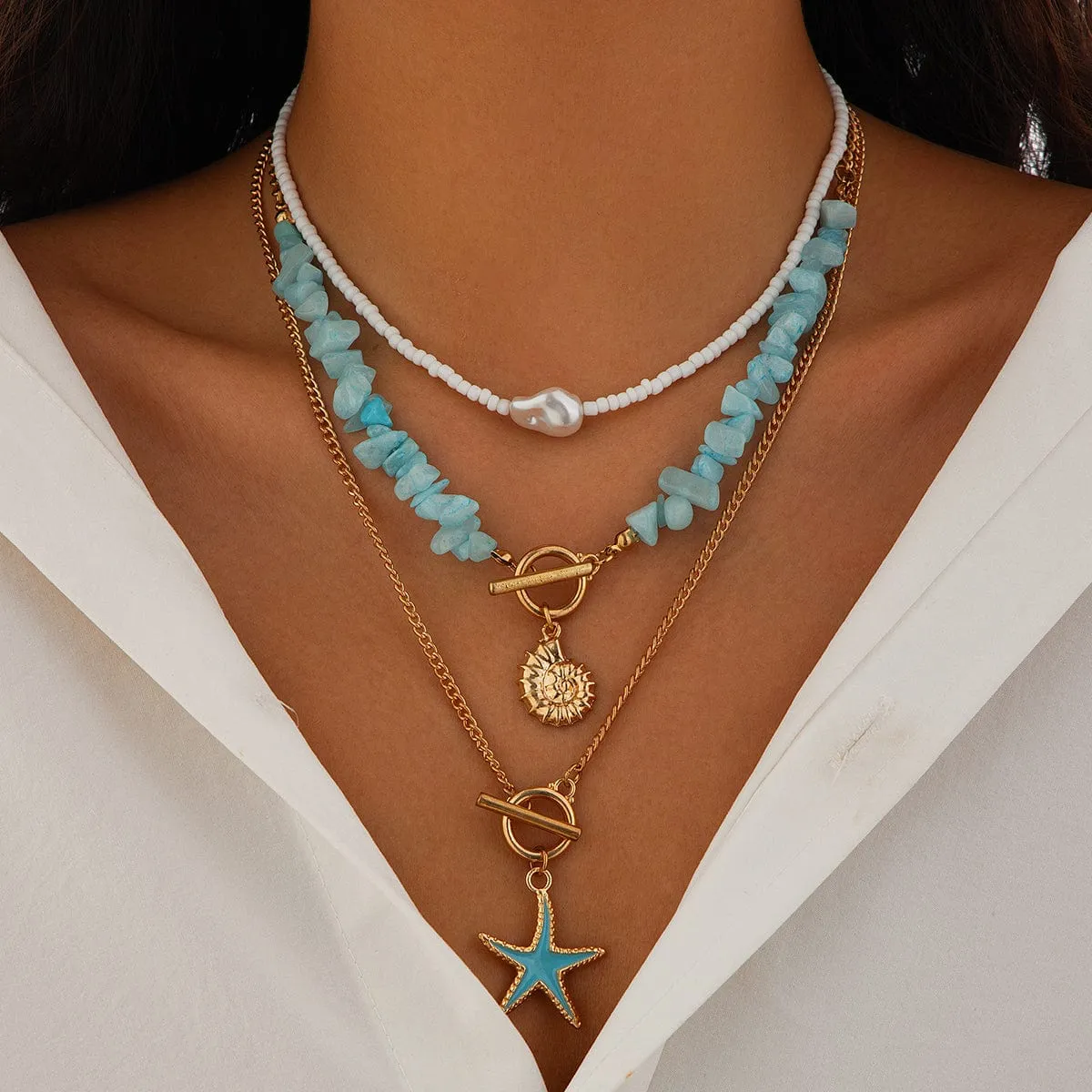 Boho 3Pcs Enamel Starfish Conch Pendant Turquoise Stone Chain Necklace Set