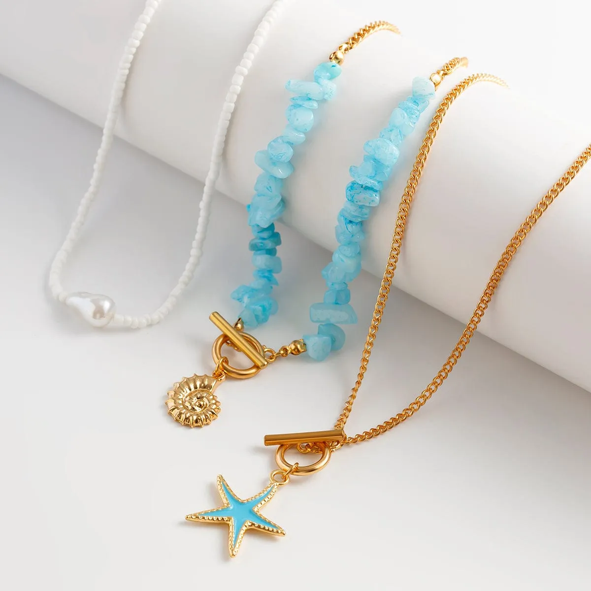 Boho 3Pcs Enamel Starfish Conch Pendant Turquoise Stone Chain Necklace Set