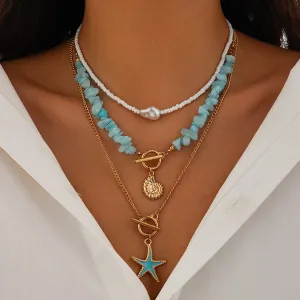 Boho 3Pcs Enamel Starfish Conch Pendant Turquoise Stone Chain Necklace Set