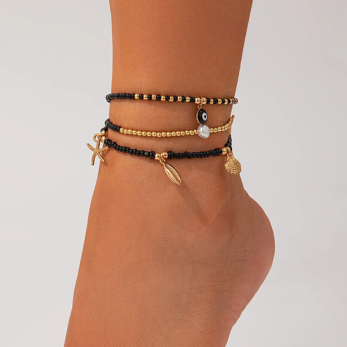 Boho 3Pcs Starfish Mermaid Shell Charm Seed Bead Anklet Set