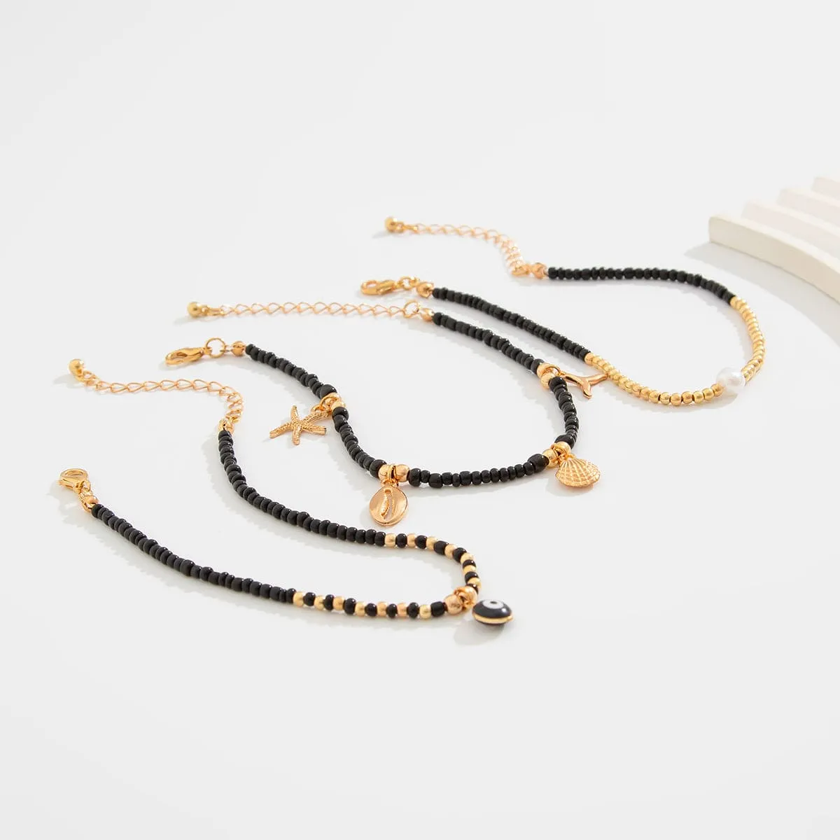 Boho 3Pcs Starfish Mermaid Shell Charm Seed Bead Anklet Set