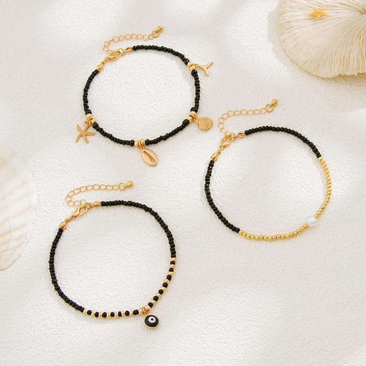Boho 3Pcs Starfish Mermaid Shell Charm Seed Bead Anklet Set