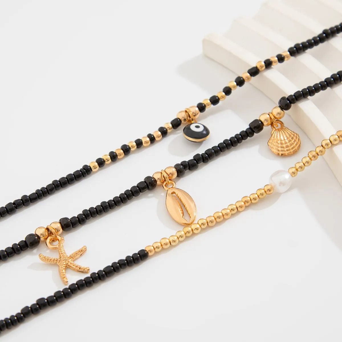 Boho 3Pcs Starfish Mermaid Shell Charm Seed Bead Anklet Set