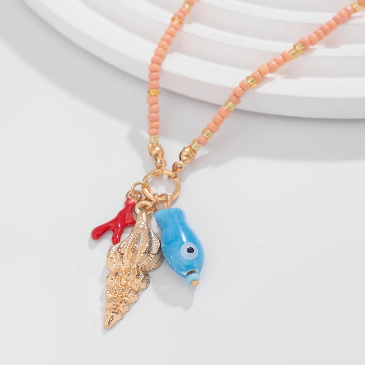 Boho Ceramics Fish Conch Pendant Seed Bead Necklace