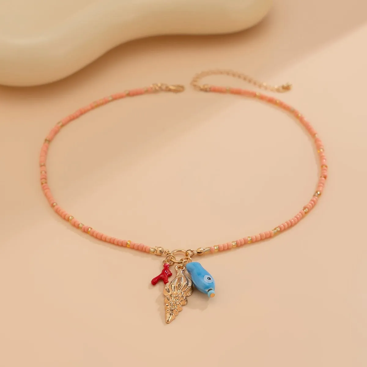 Boho Ceramics Fish Conch Pendant Seed Bead Necklace
