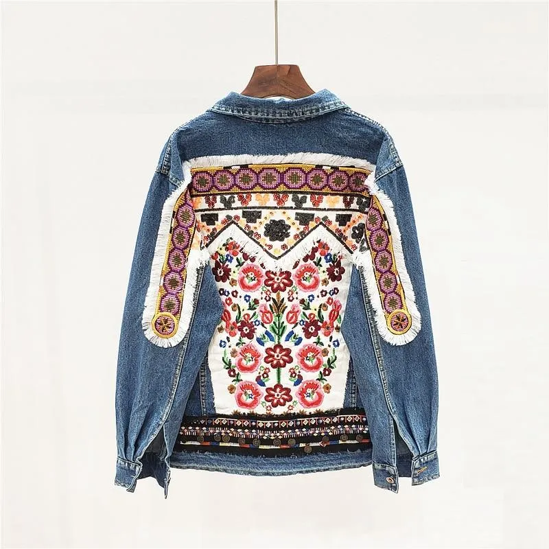 Boho Denim Jacket with Floral Appliques