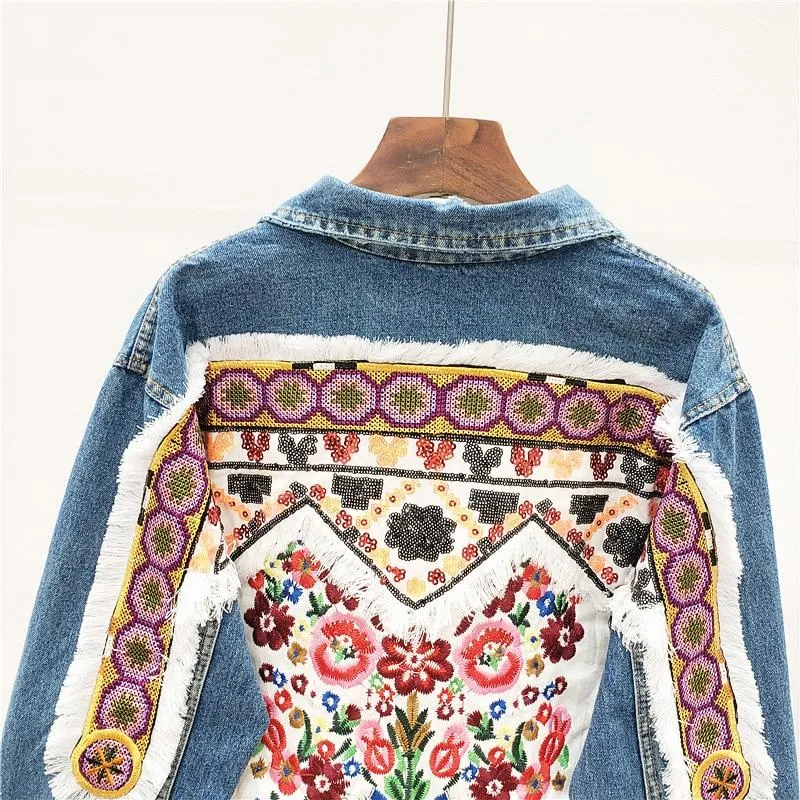 Boho Denim Jacket with Floral Appliques